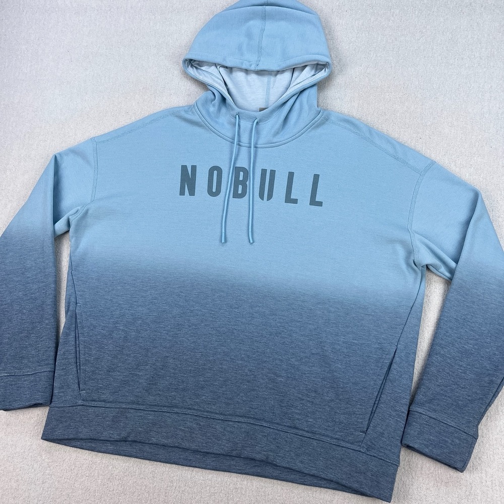NOBULL Pullover Hoodie Womens L Ombre Blue Fade Logo Spellout Pockets workout